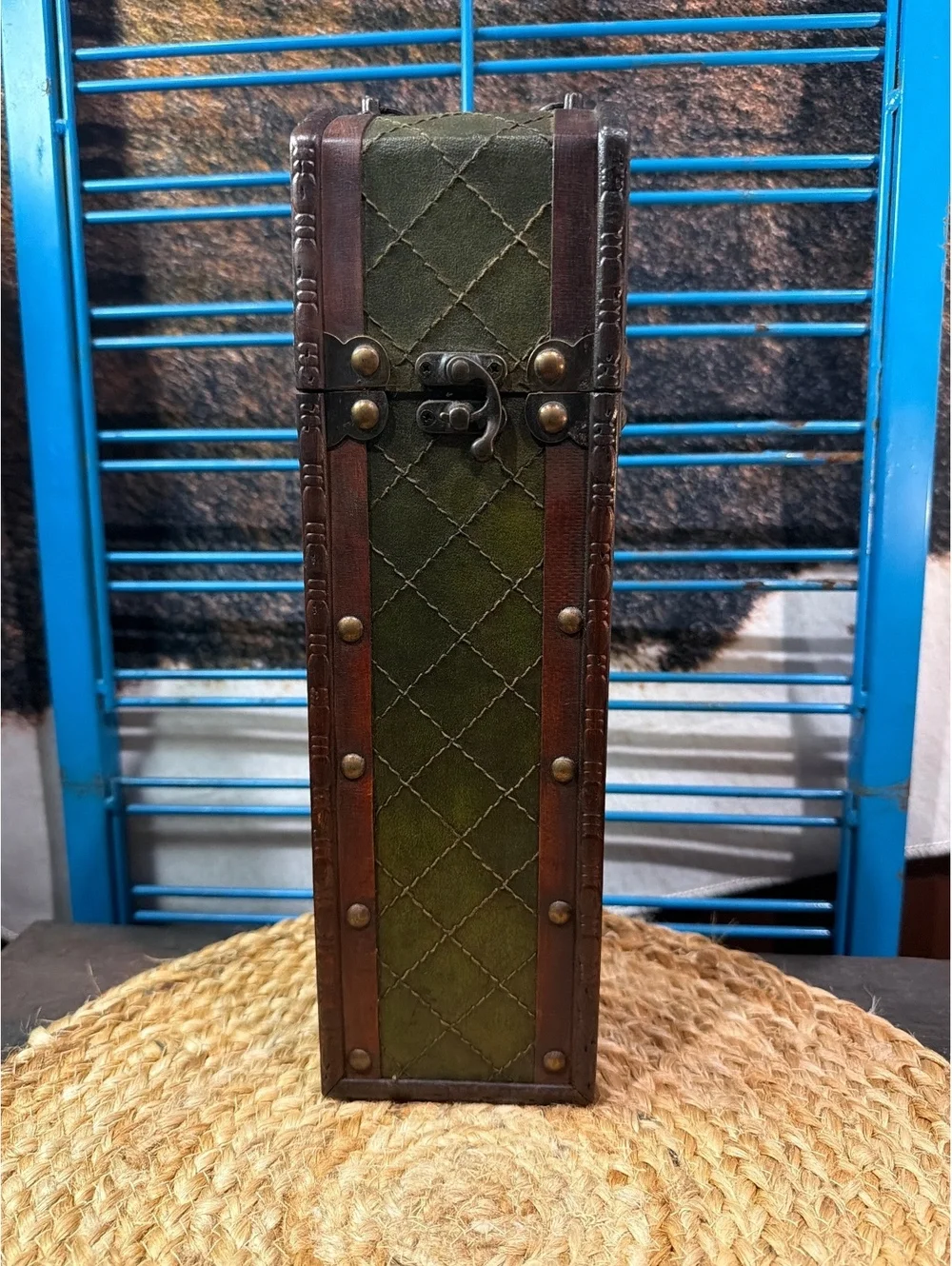 Vintage Wooden and Leather Decorative Box with Metal Handle and Lock